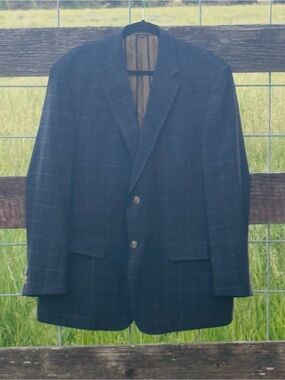Kroon Windowpane Sport Coat Blazer Mens‎ Navy Blue Wool Blend